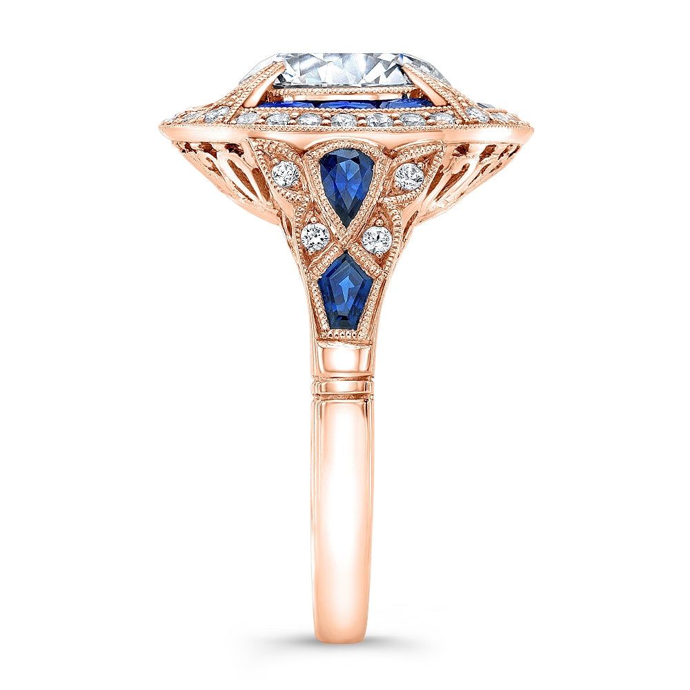 Art Deco Custom Blue Sapphire and Diamond Pave Set Ring Designed by Jolie Designs