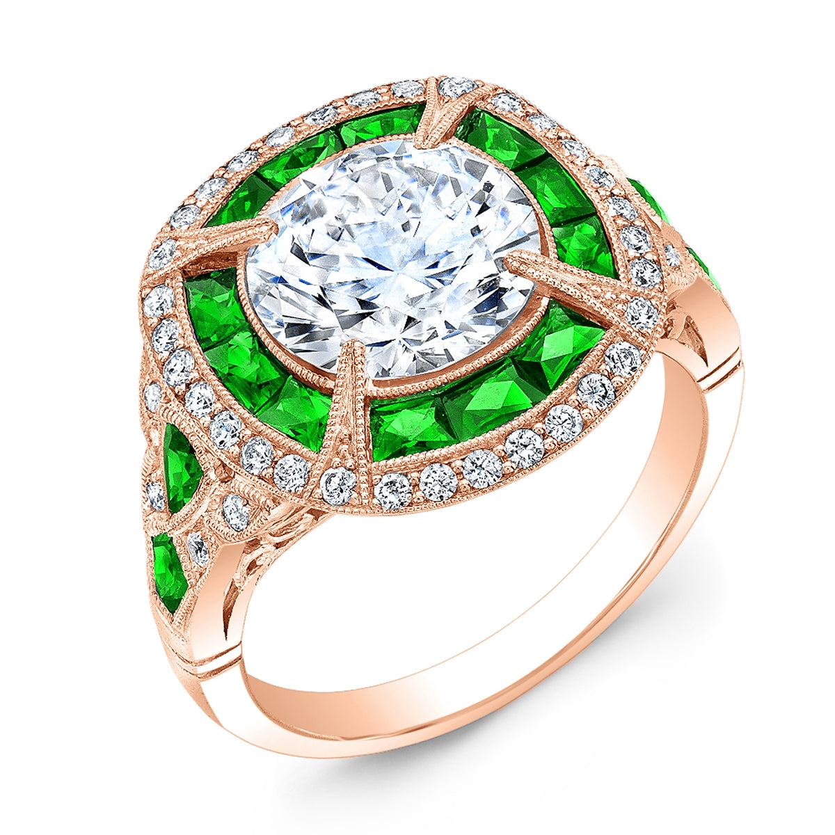 Art Deco Tsavorite and Diamond Ring with Custom Cut Stones by Jolie Designs