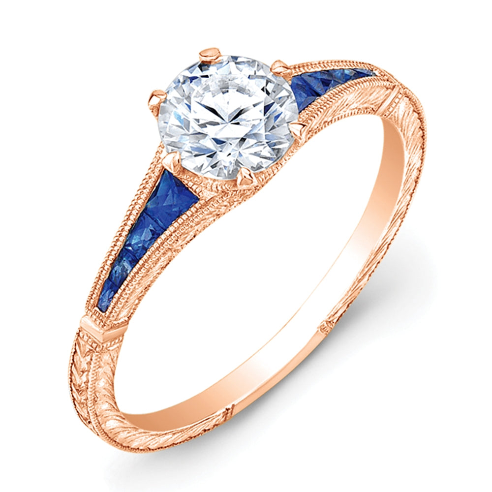 Hand Engraved Diamond and Custom Cut Blue Sapphire Semi Mount Engagement Ring by Jolie Designs