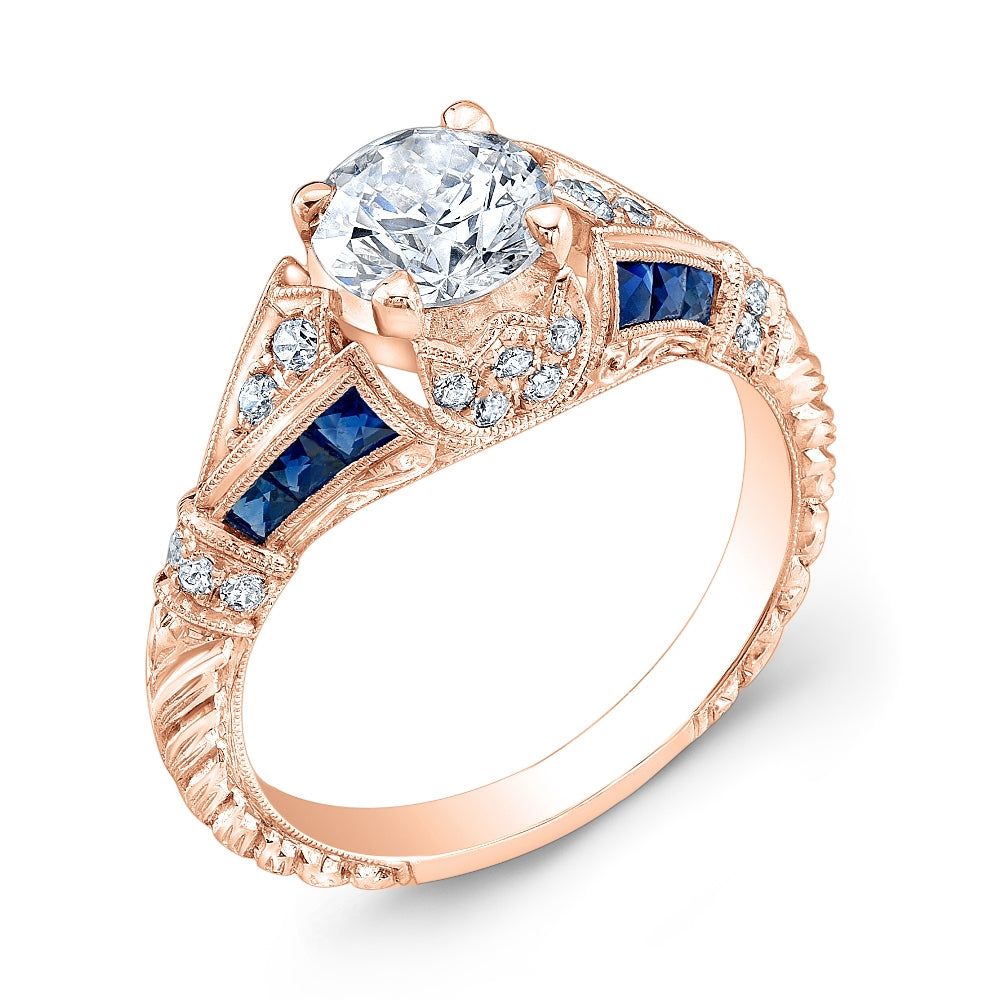 Antique Style Engraved Diamond and Custom Cut Blue Sapphire Ring by Jolie Designs