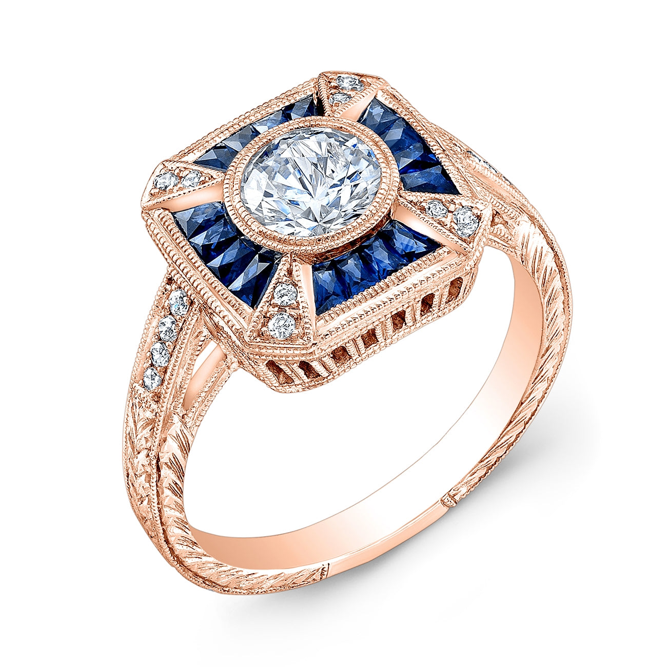 Hand Engraved Diamond and Custom Blue Sapphire Ring by Jolie Designs