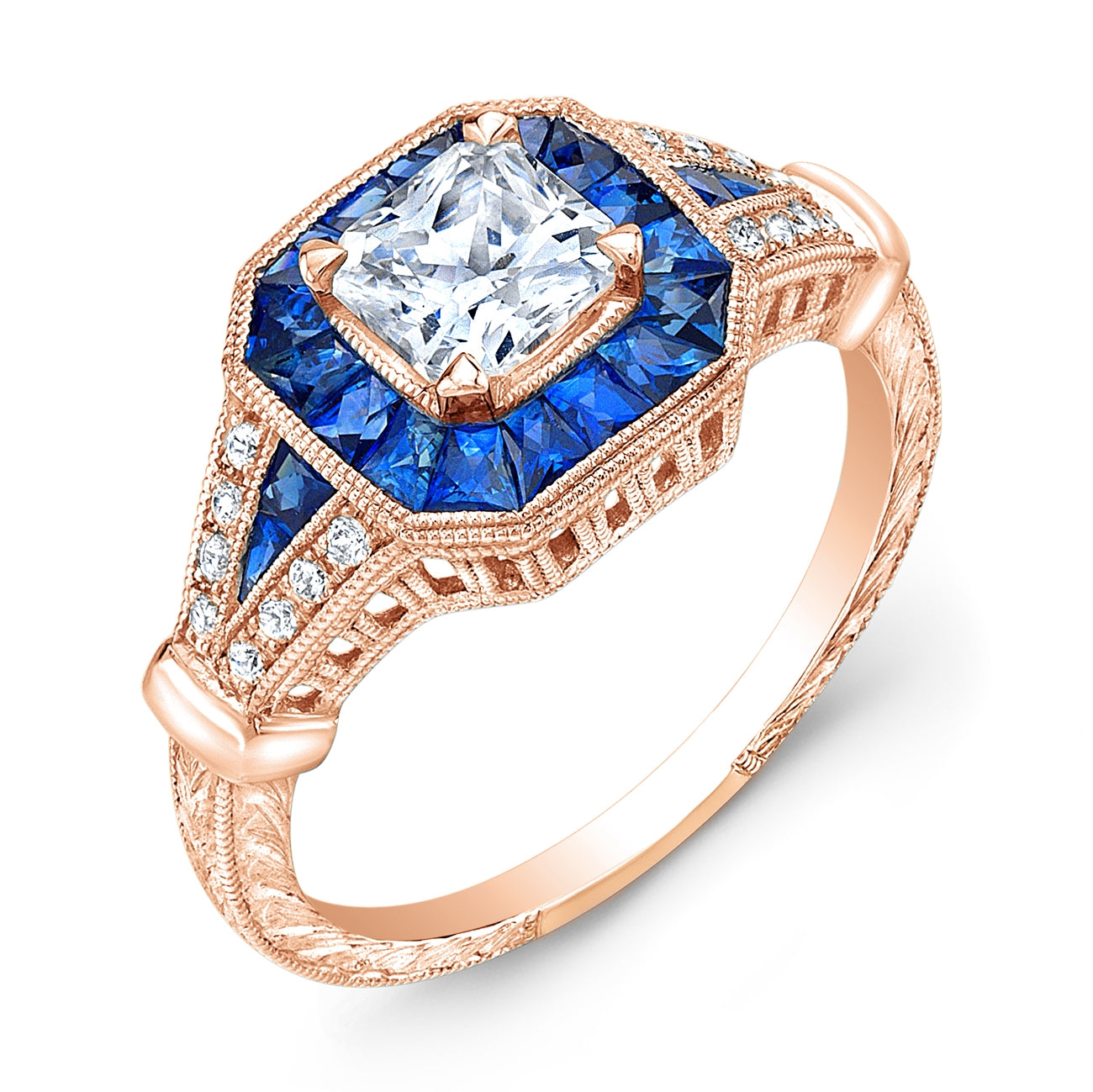 Jolie Designs Antique Style Engraved Diamond and Blue Sapphire Engagement Ring - R9468DS