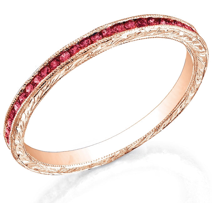Engraved Band with Channel Set Round Rubies and Single Milgrain by Jolie Designs