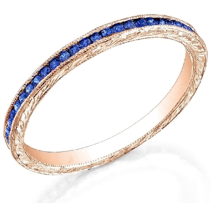 Channel Set Blue Sapphire Engraved Wedding Band by Jolie Designs