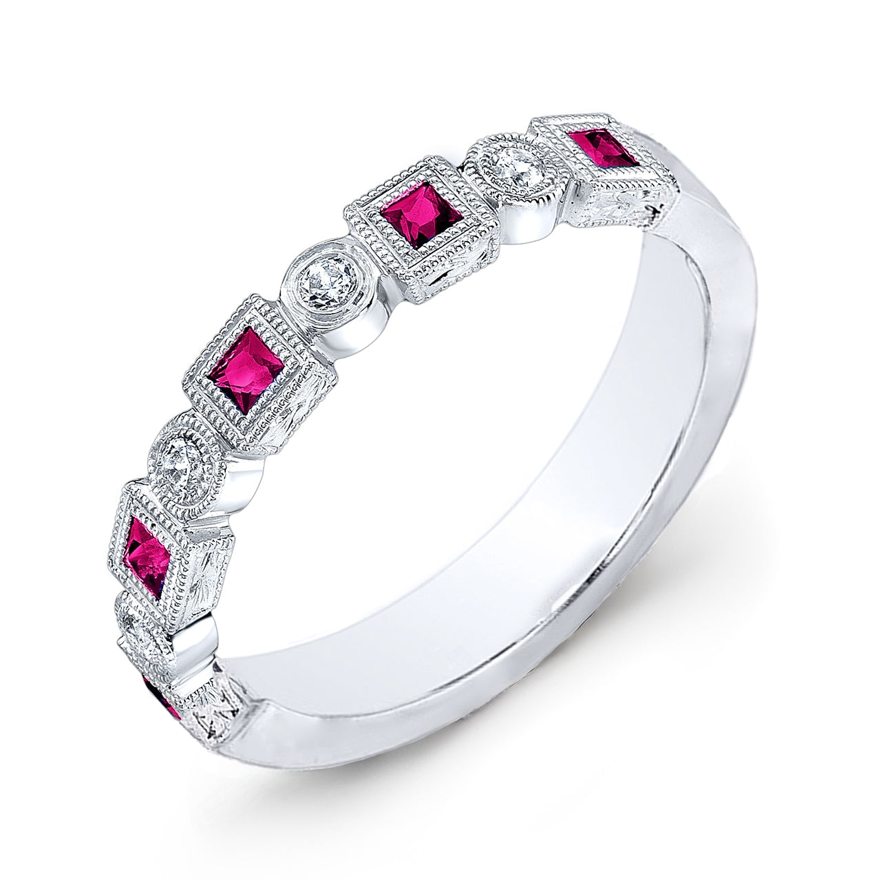 Bezel Set Square Ruby and Diamond Engraved Half Eternity Ring by Jolie Designs