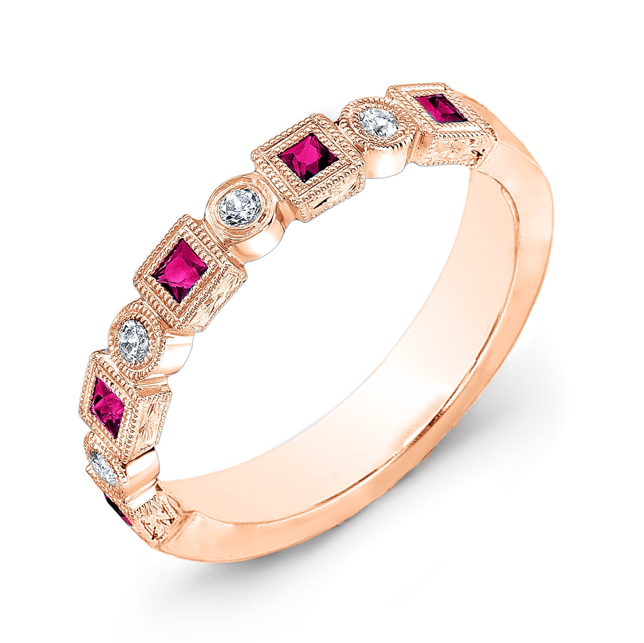Bezel Set Square Ruby and Diamond Engraved Half Eternity Ring by Jolie Designs