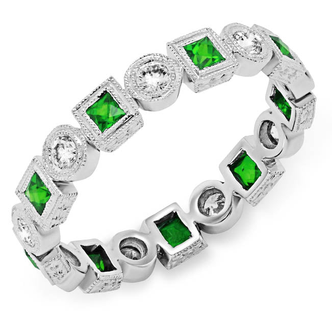 Fine Millgraining Accents Bezel Wrapped Diamond and Tsavorite Ring by Jolie Designs