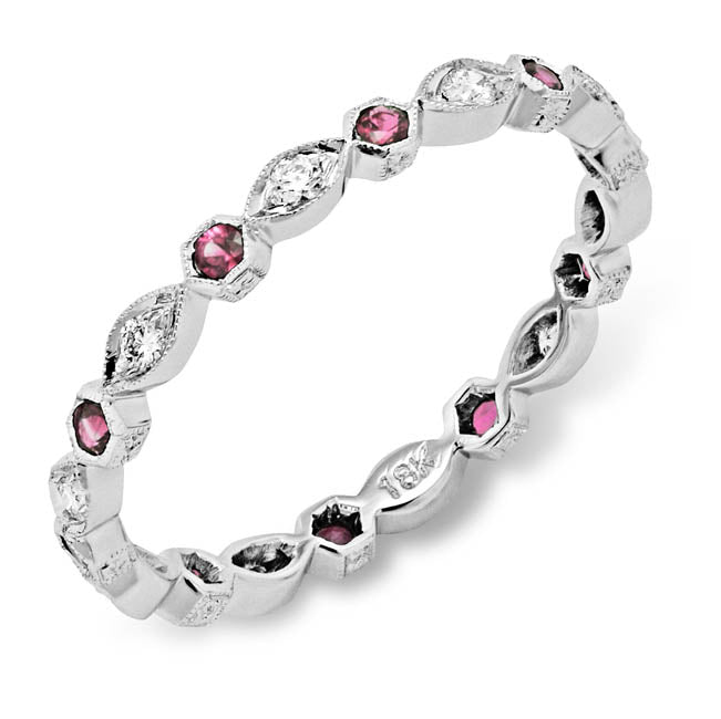 Hand Mill Grained Diamond and Pink Sapphire Stackable Ring by Jolie Designs