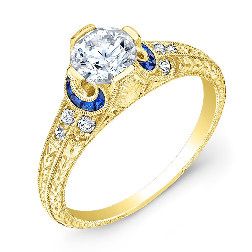 Antique Style Blue Sapphire and Diamond Engagement Ring Set by Jolie Designs