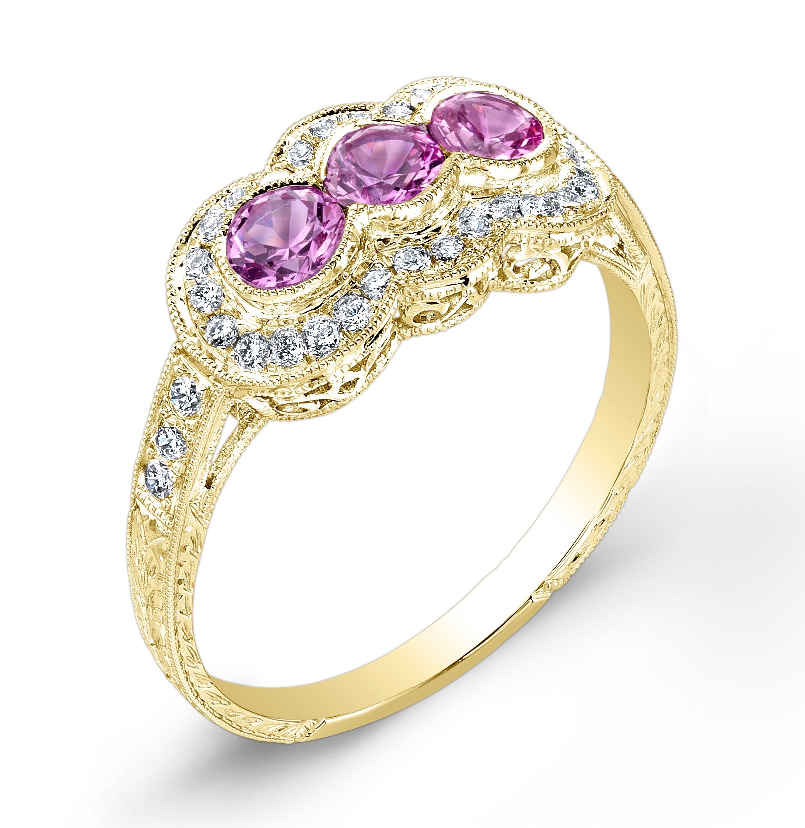 Antique Style Petite Three Stone Pink Sapphire Ring by Jolie Designs