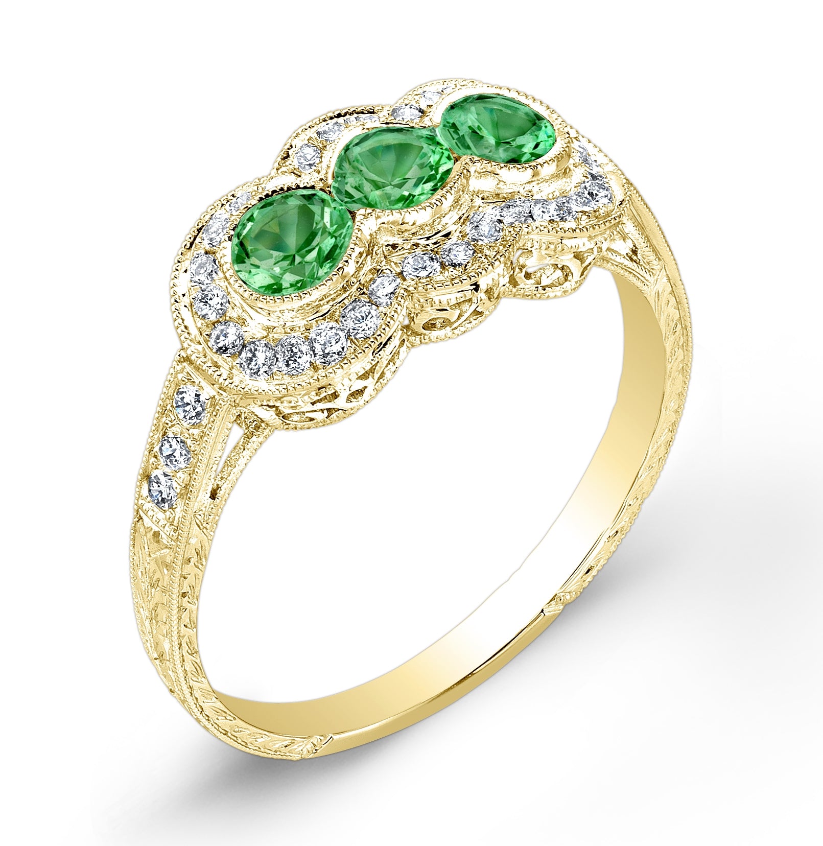 Antique Style Petite Three Stone Tsavorite Ring by Jolie Designs