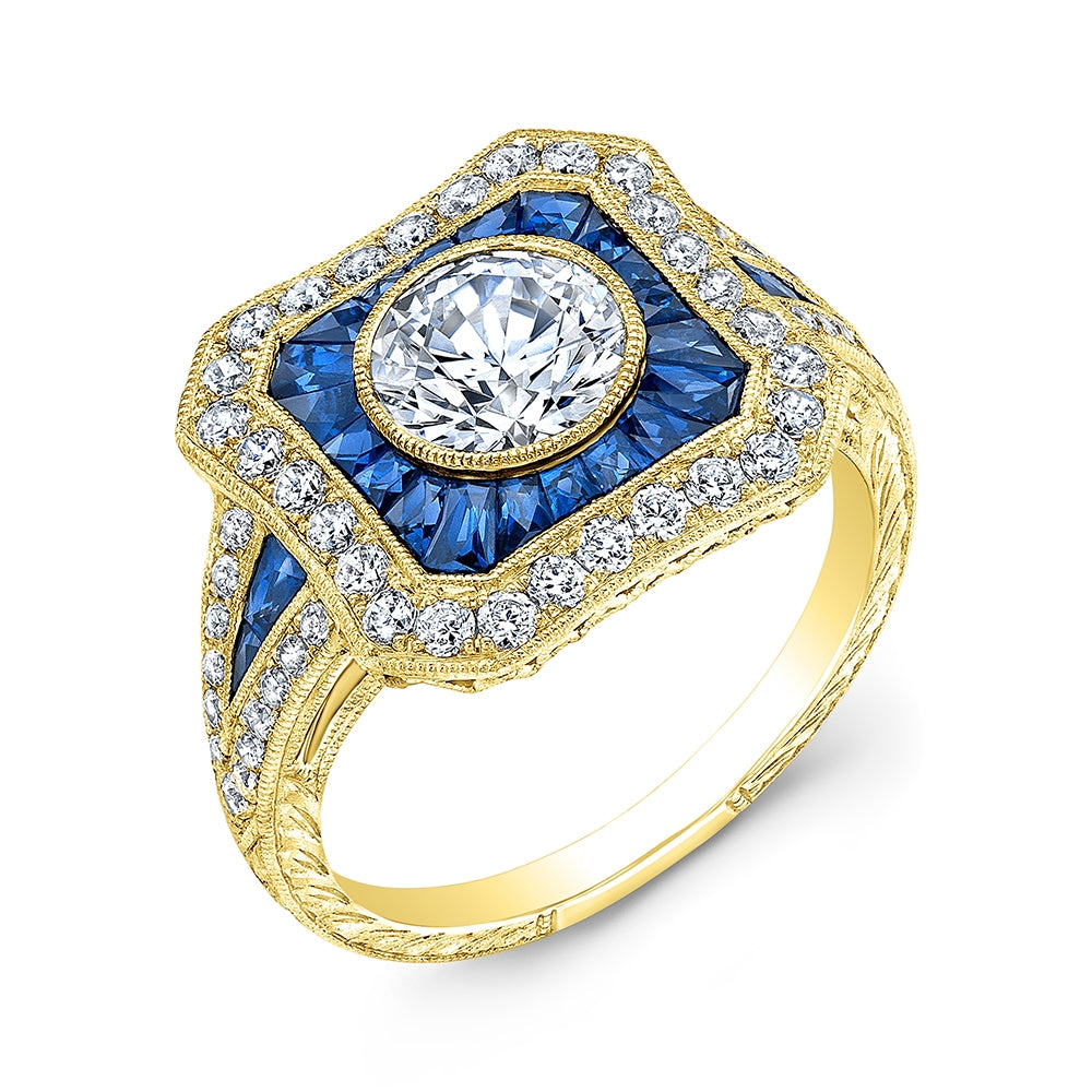 Hand Engraved Diamond and Blue Sapphire Bezel Set Ring by Jolie Designs