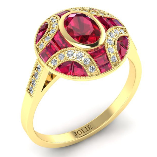 Art Deco Inspired Diamond & Custom Cut Ruby Ring by Jolie Designs