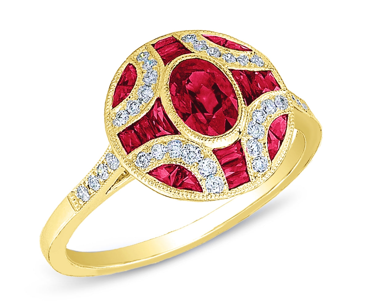 Art Deco Inspired Diamond & Custom Cut Ruby Ring by Jolie Designs