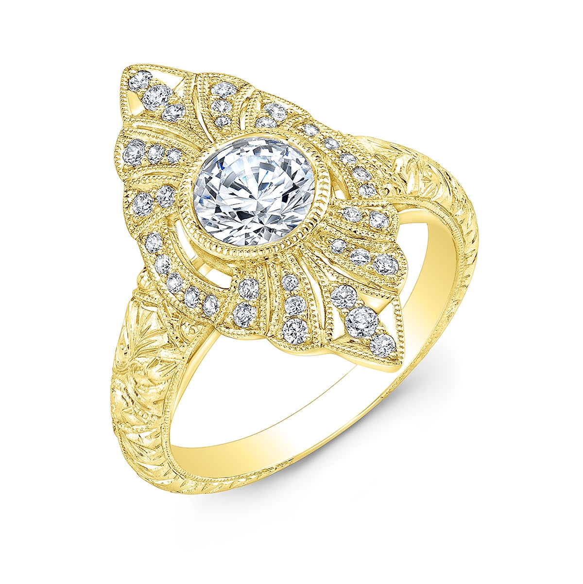Hand Engraved Marquise Diamond Bezel Engagement Ring by Jolie Designs