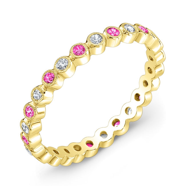 Mill Grained Bezel Wrapped Diamond and Pink Sapphire Ring by Jolie Designs
