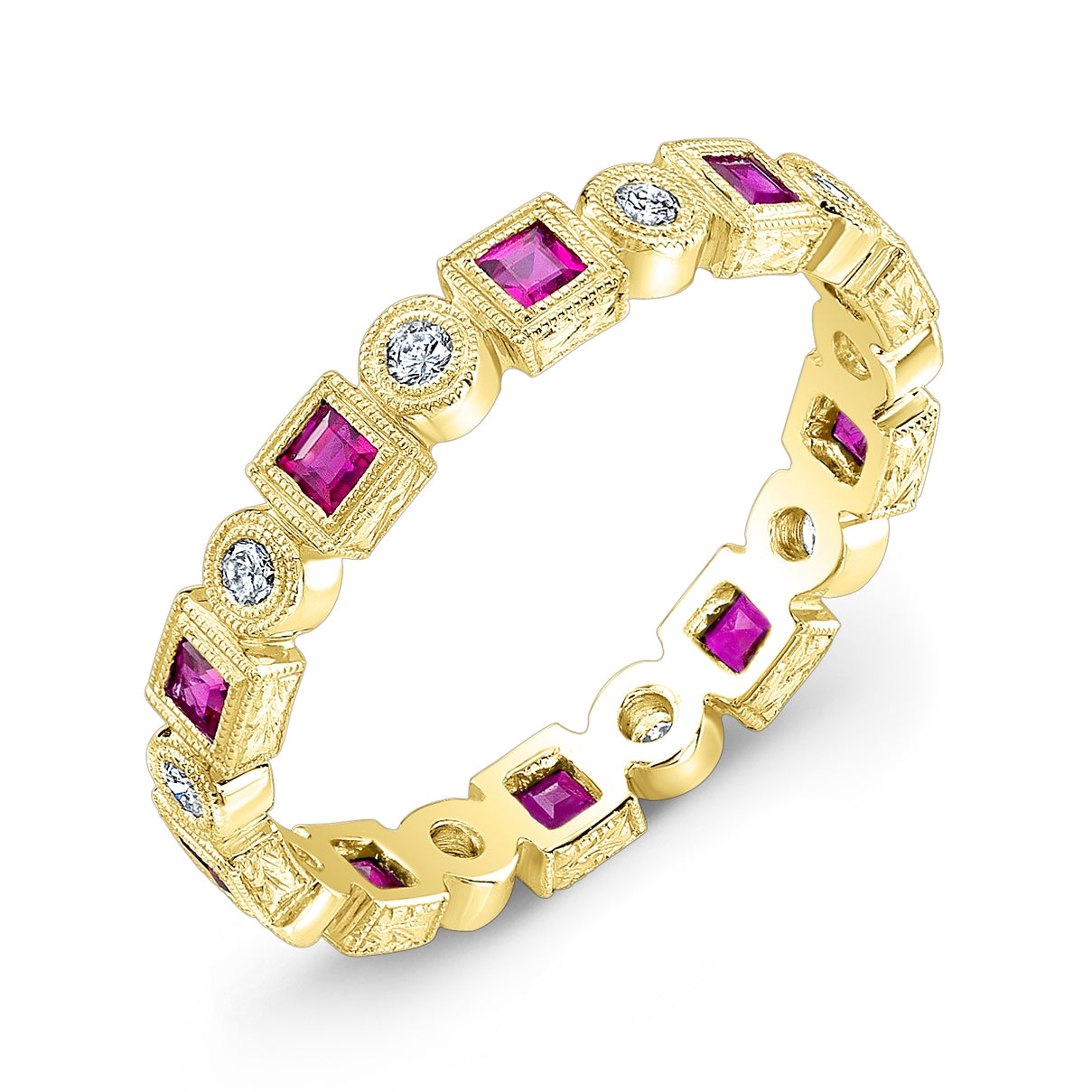 Engraved Square Ruby and Bezel Set Diamond Ring by Jolie Designs