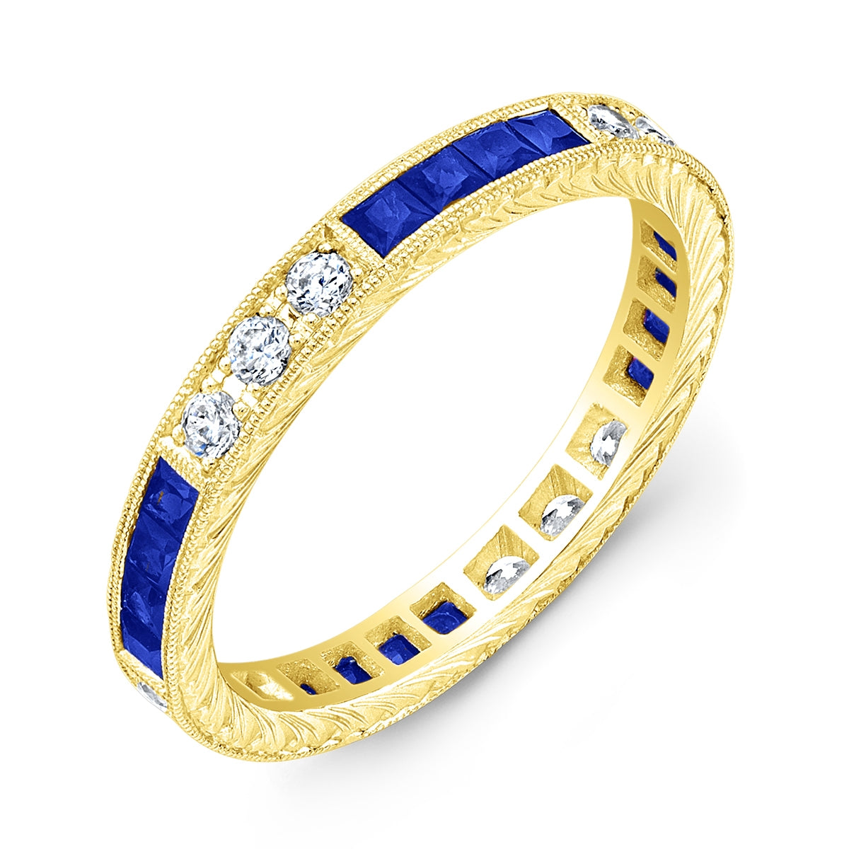 Art Nouveau Hand Carved Blue Sapphire and Diamond Ring by Jolie Designs
