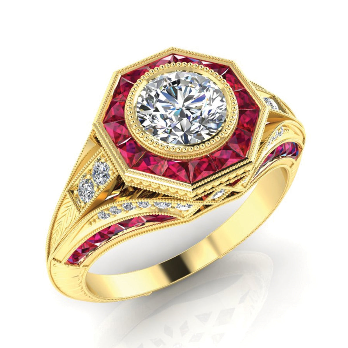 Jolie Designs Custom Cut Ruby and Diamond Bezel Set Engagement Ring - R153DR65A