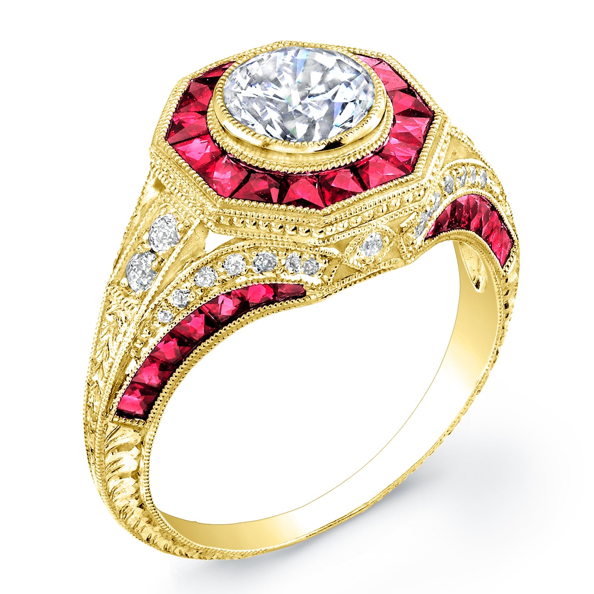 Jolie Designs Custom Cut Ruby and Diamond Bezel Set Engagement Ring - R153DR65A