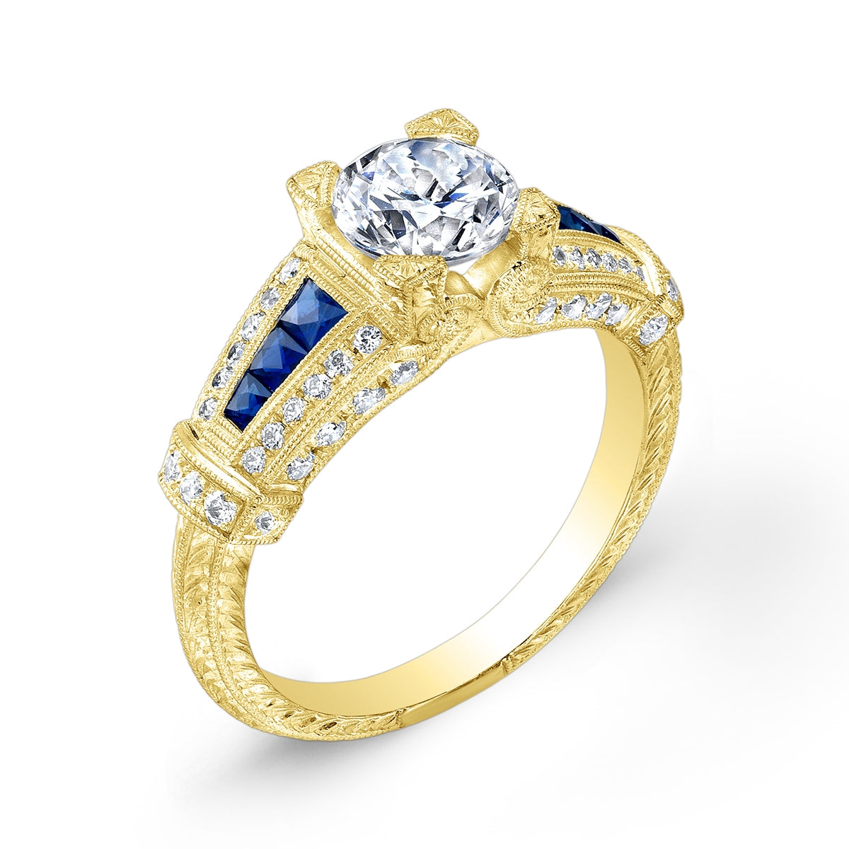 Antique Style Engraved Diamond and Custom Cut Blue Sapphire Engagement Ring by Jolie Designs