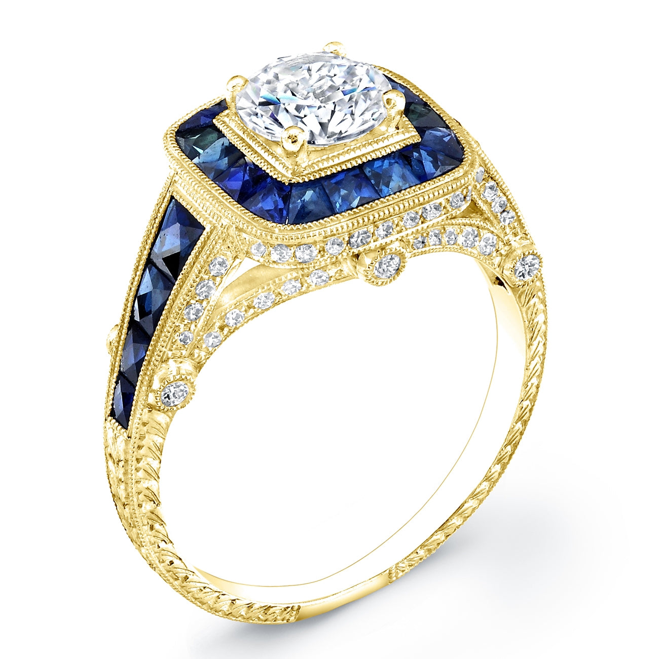 Custom Cut Blue Sapphire and Diamond Semi Mount Engagement Ring for 1 Carat Center by Jolie Designs