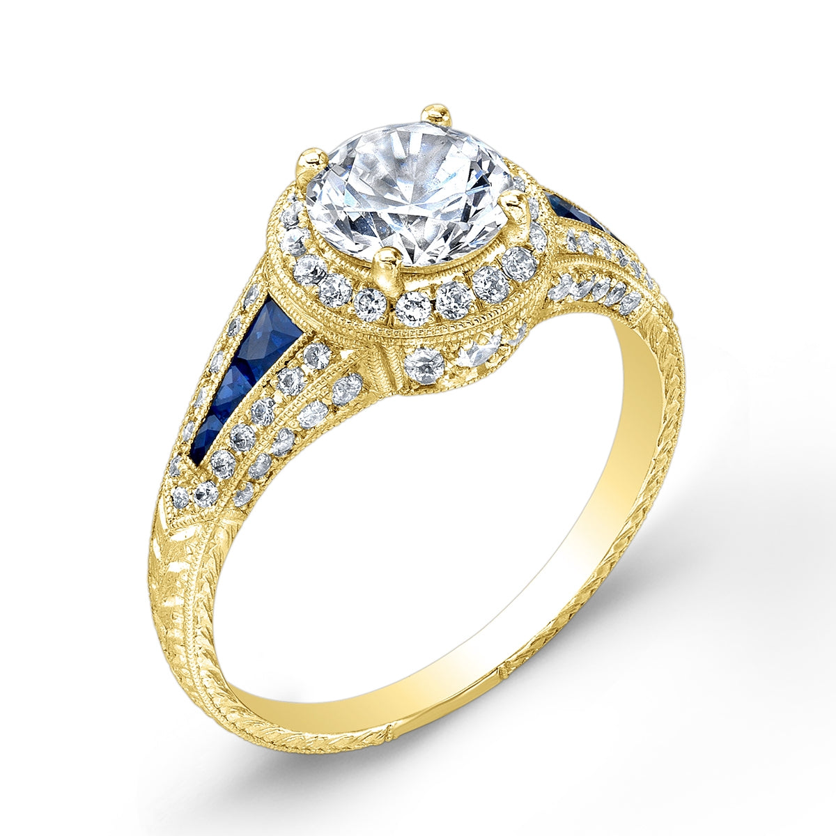Antique Style Engraved Diamond and Custom Cut Blue Sapphire Engagement Ring Set by Jolie Designs