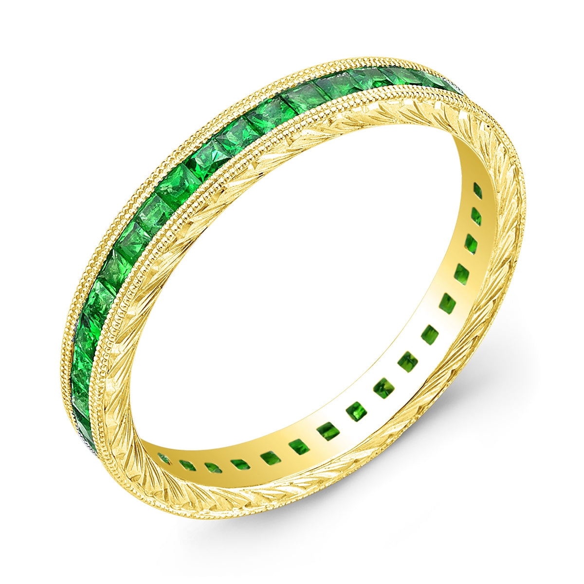 Hand Engraved Princess Cut Tsavorite Gold Ring by Jolie Designs