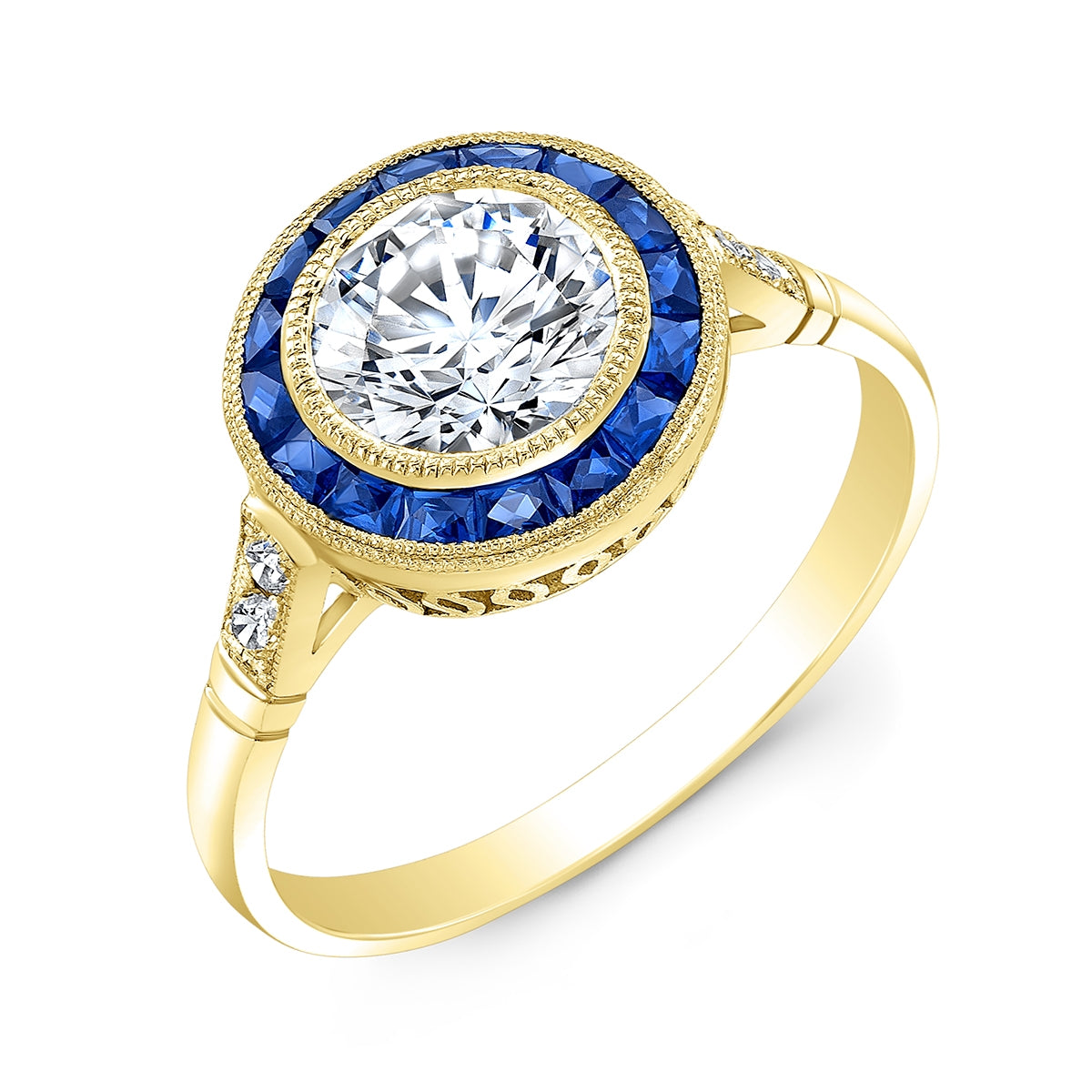 Modern French Custom Cut Blue Sapphire Halo Diamond Engagement Ring by Jolie Designs