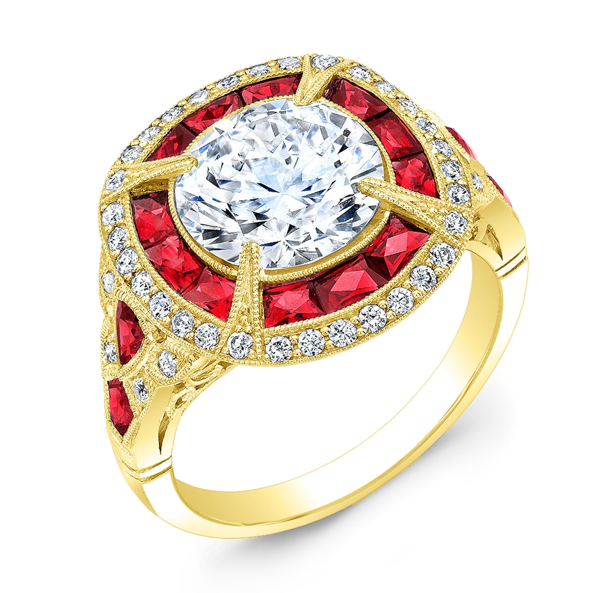 Art Deco Ruby and Diamond Ring with Custom Cut Rubies by Jolie Designs