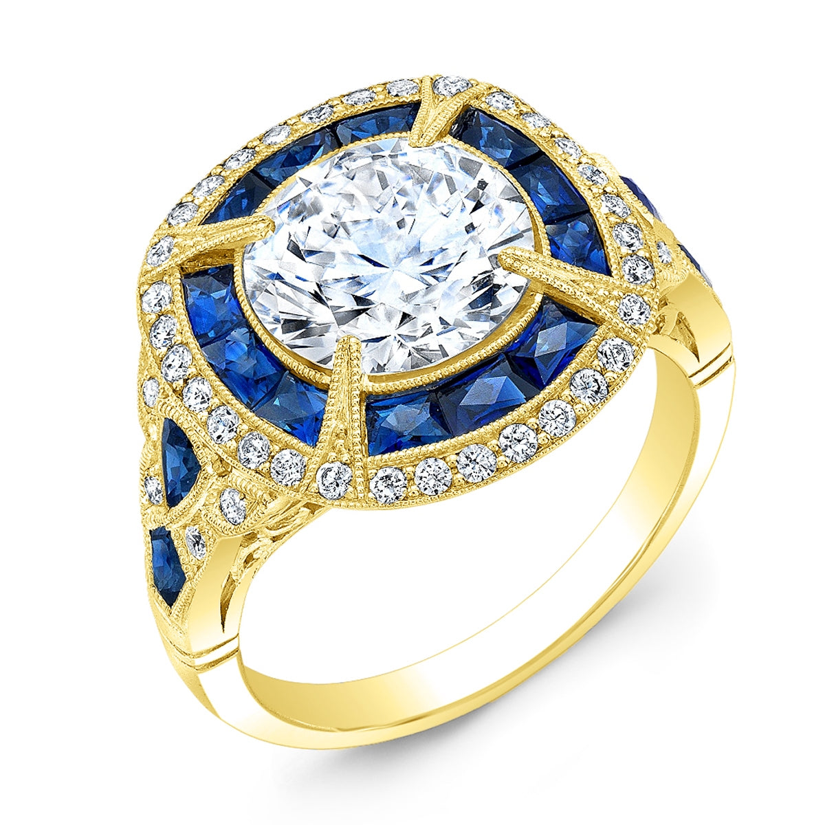 Art Deco Custom Blue Sapphire and Diamond Pave Set Ring Designed by Jolie Designs