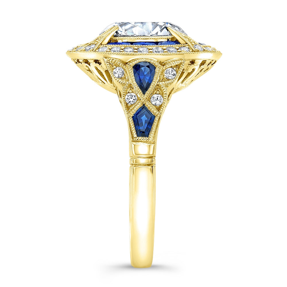 Art Deco Custom Blue Sapphire and Diamond Pave Set Ring Designed by Jolie Designs
