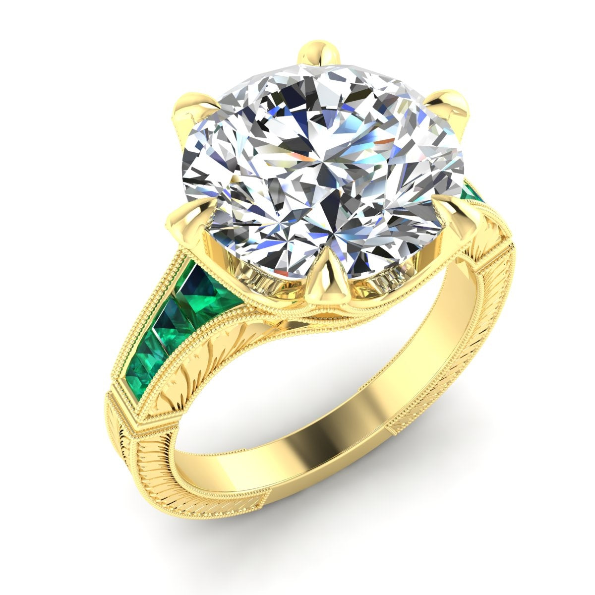 Hand Engraved Diamond and Custom Cut Emerald Semi Mount by Jolie Designs