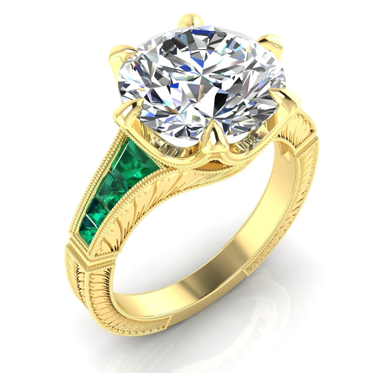 Diamond & Custom Cut Emerald Engraved Semi Mount Ring by Jolie Designs