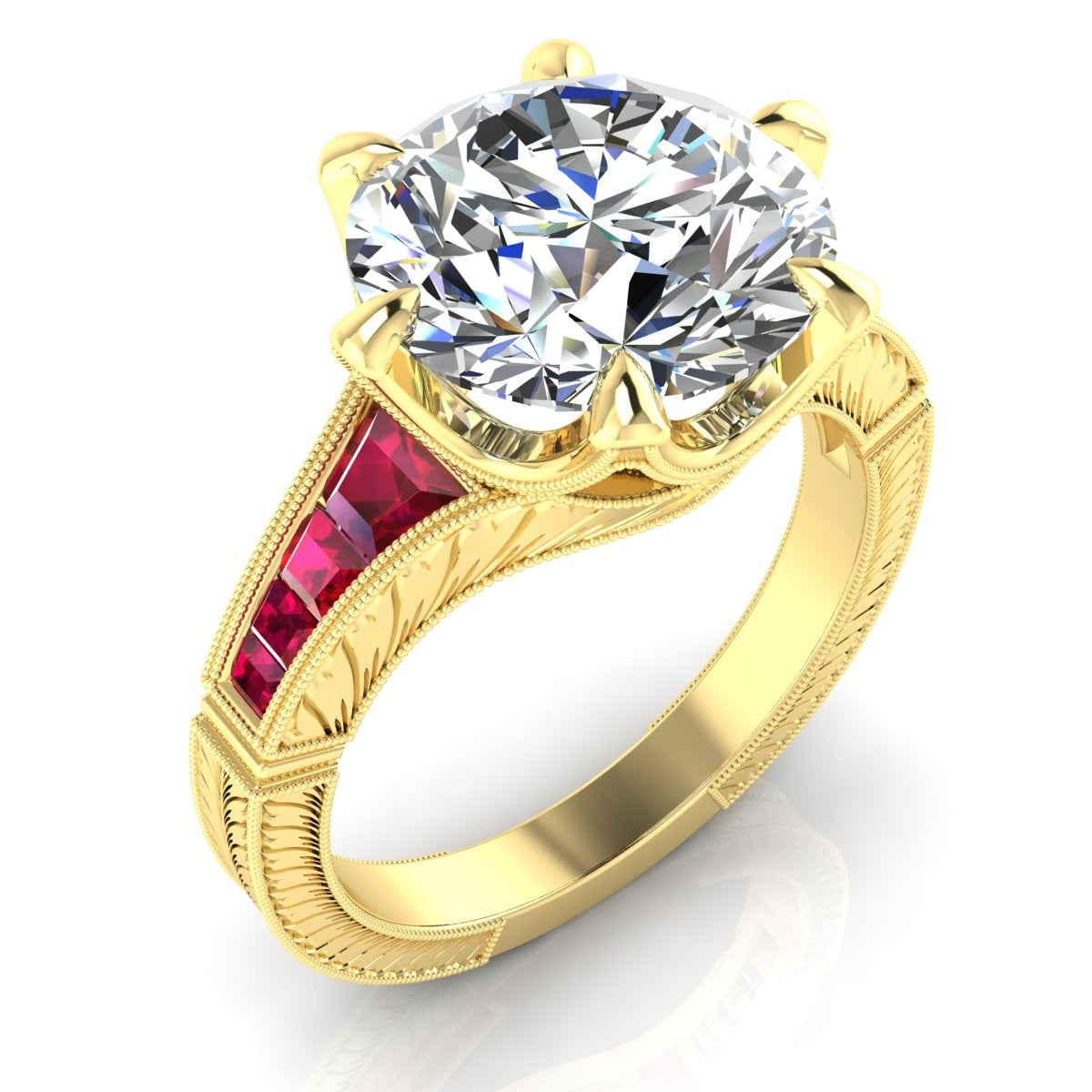 Ruby☆ミ Custom Cut Ruby and Diamond Hand Engraved Semi Mount Ring by Jolie Des