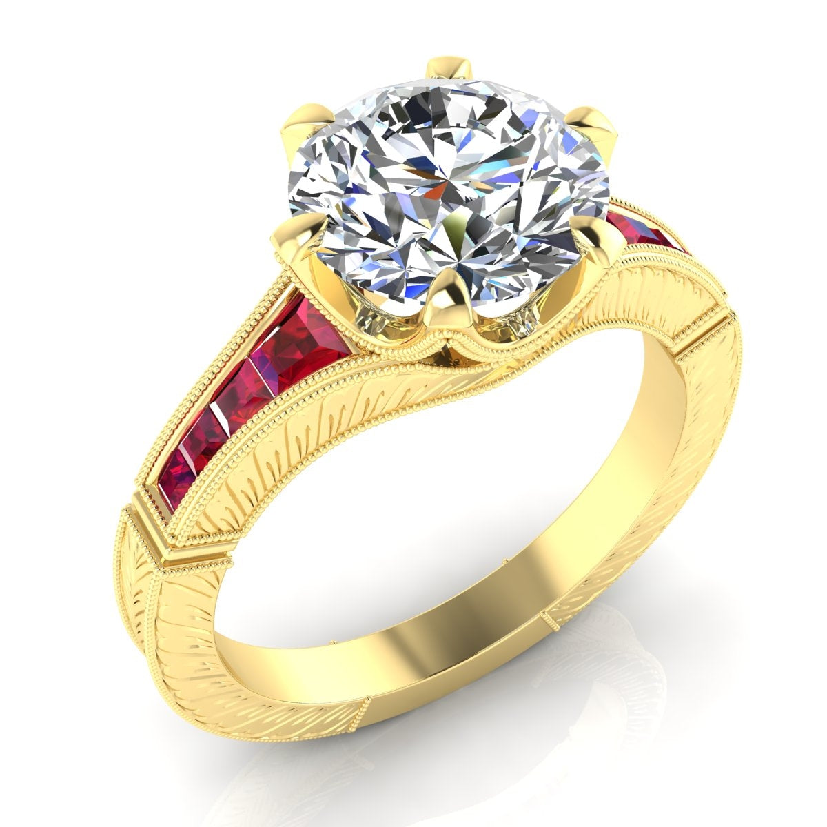 Hand Engraved Diamond and Ruby Semi Mount Engagement Ring by Jolie Designs