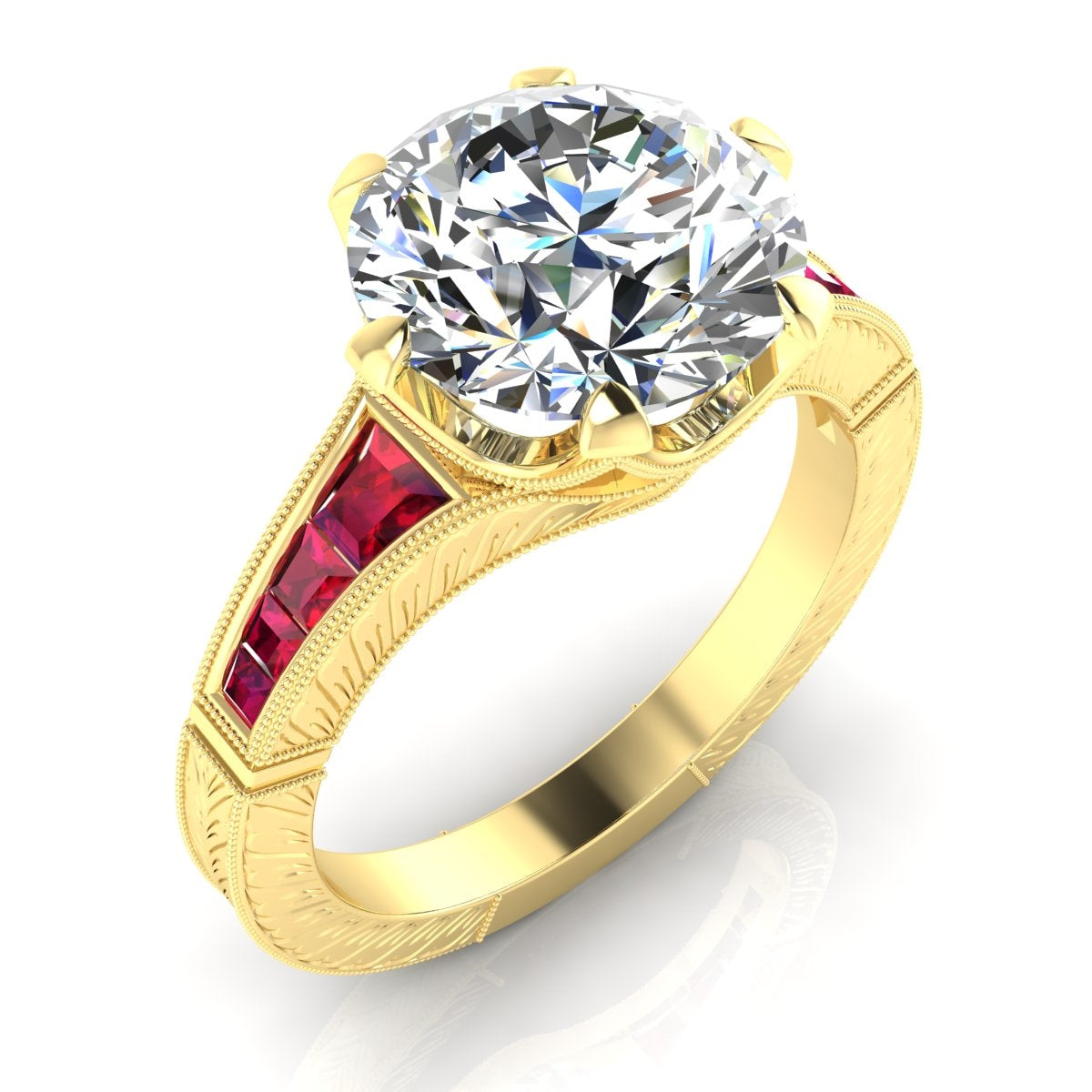 Diamond and Custom Cut Ruby Hand Engraved Semi Mount Engagement Ring by Jolie Designs