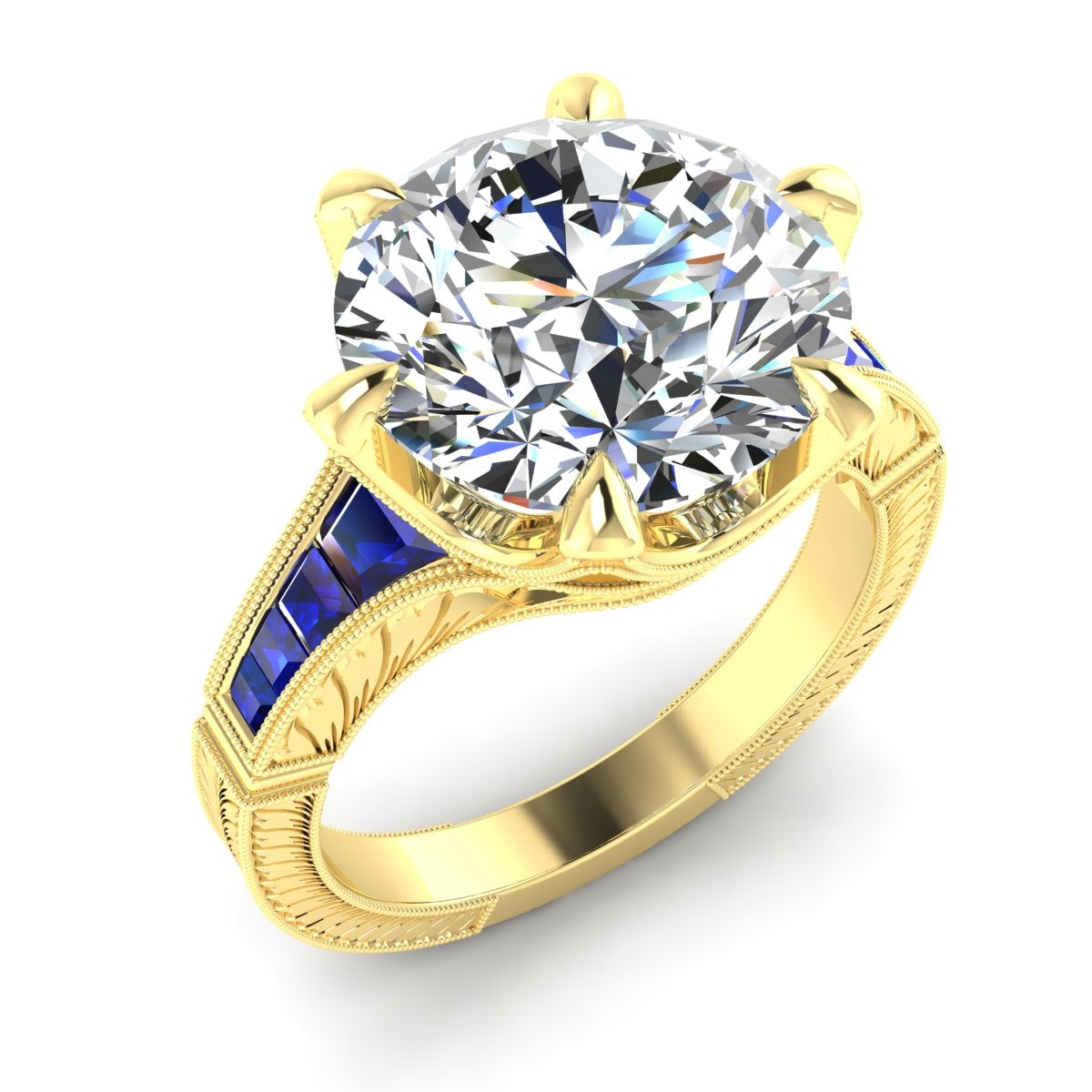 Custom Cut Blue Sapphire and Diamond Hand Engraved Semi Mount Ring by Jolie Designs