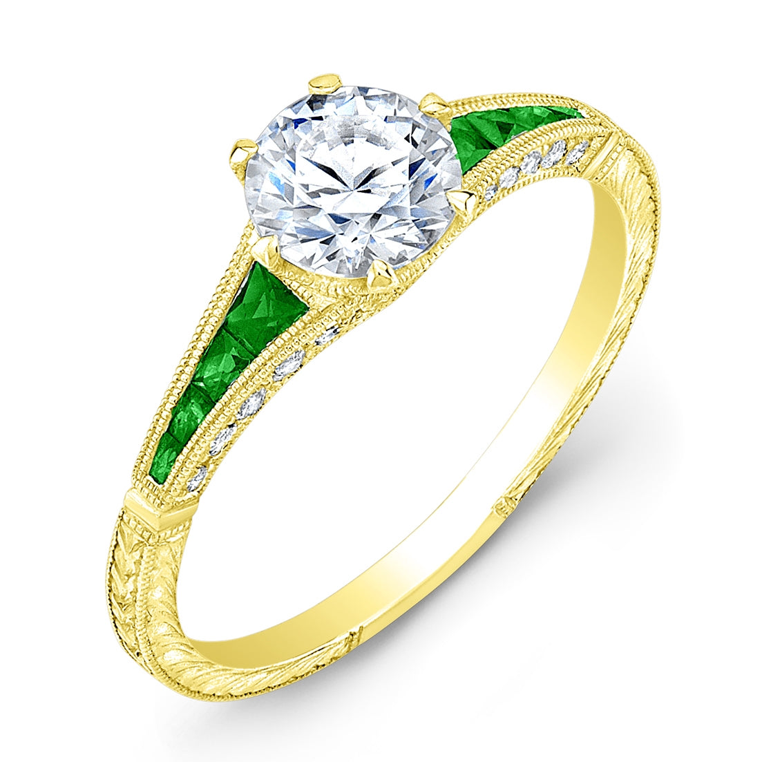 Diamond & Emerald Semi-Mount Engagement Ring with Hand Engraving by Jolie Designs