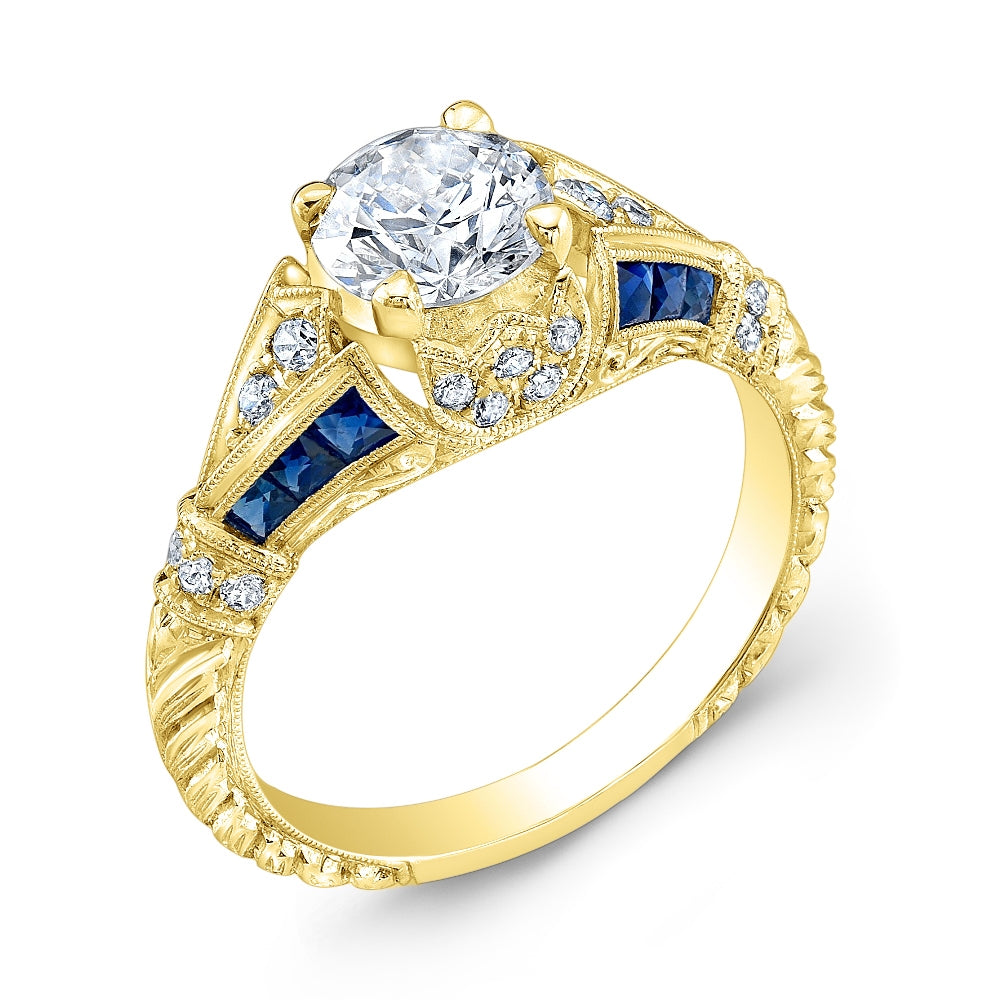 Antique Style Engraved Diamond and Custom Cut Blue Sapphire Ring by Jolie Designs