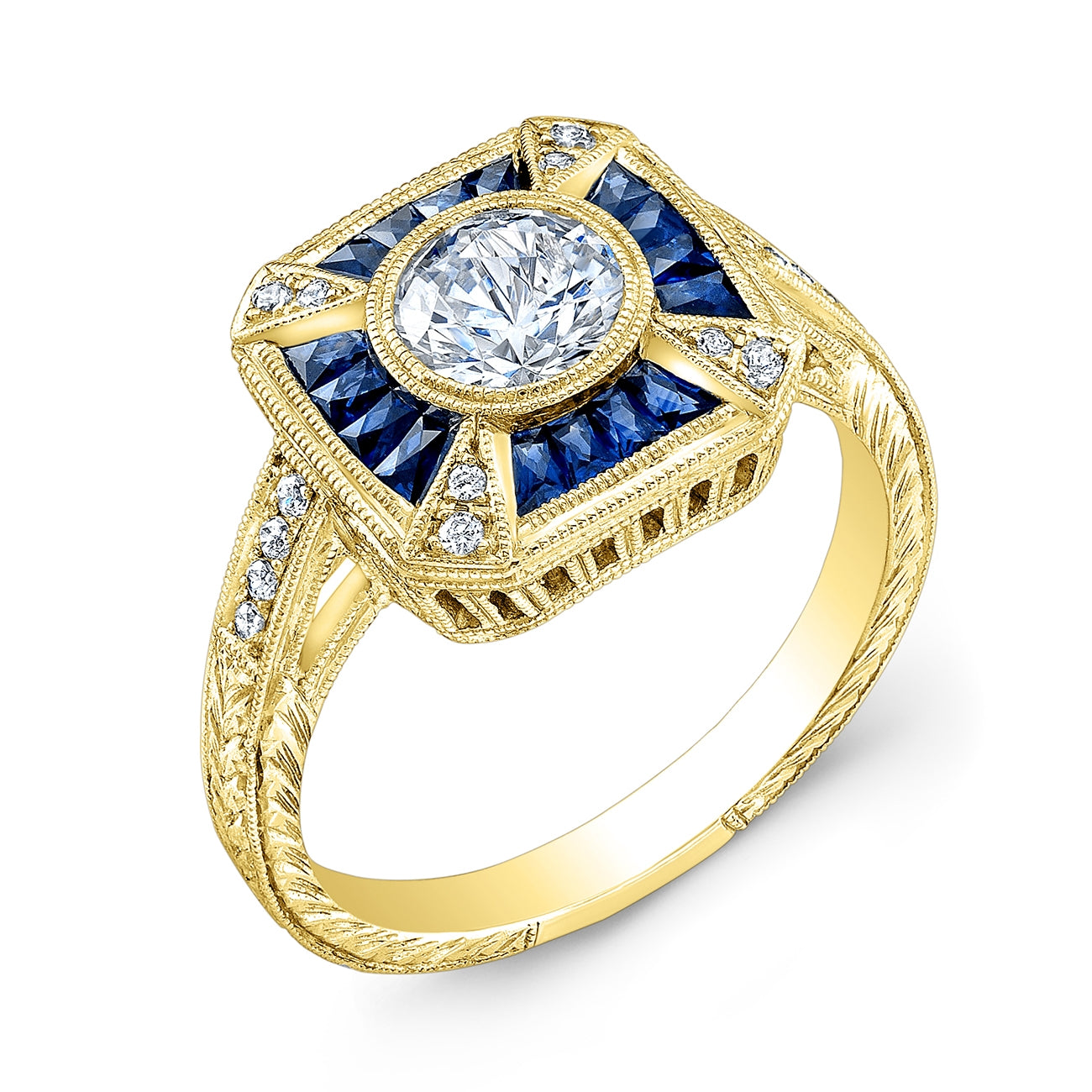 Hand Engraved Diamond and Custom Blue Sapphire Ring by Jolie Designs