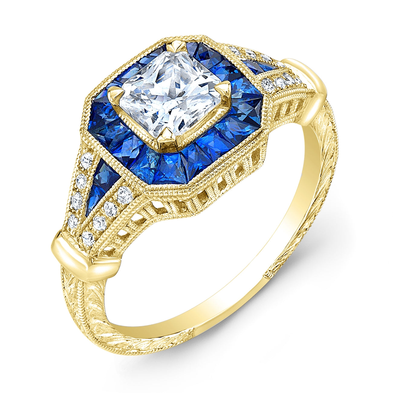 Jolie Designs Antique Style Engraved Diamond and Blue Sapphire Engagement Ring - R9468DS