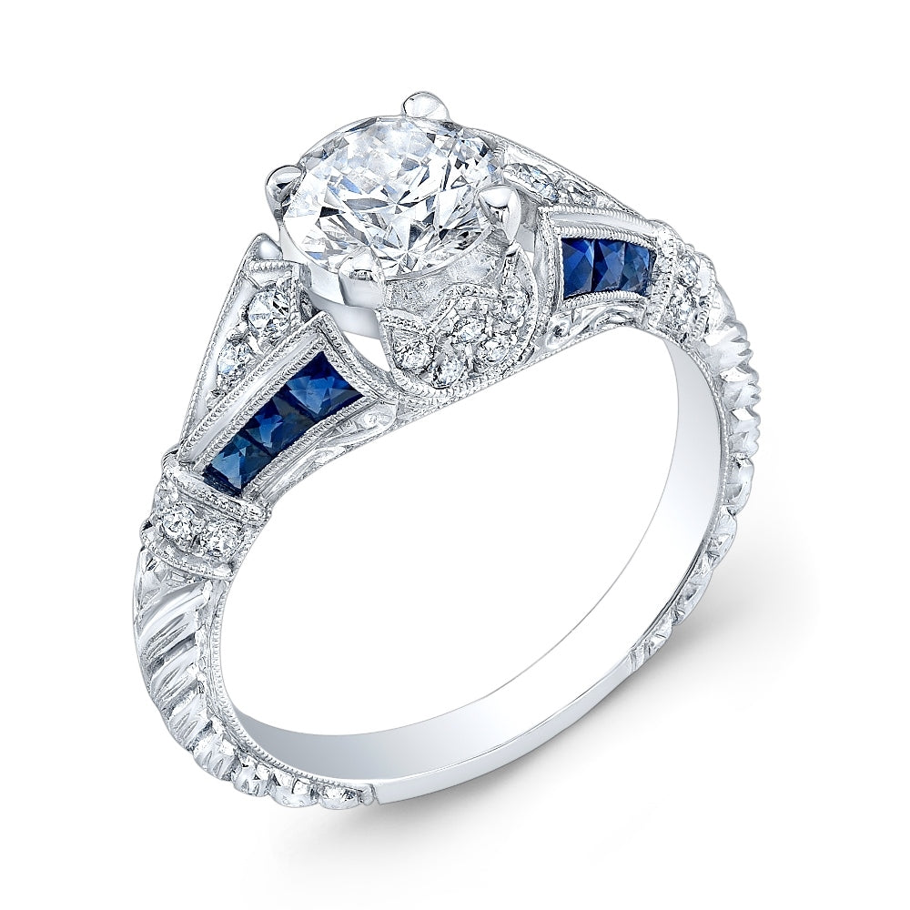 Antique Style Engraved Diamond and Custom Cut Blue Sapphire Ring by Jolie Designs