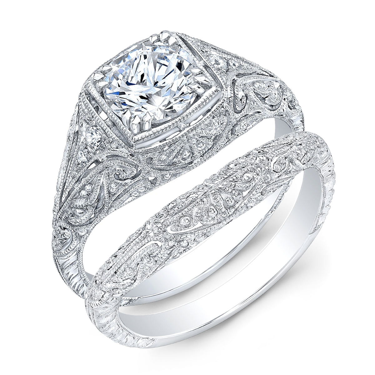 Antique Hand Engraved Millgrain Diamond Engagement Ring by Jolie Designs