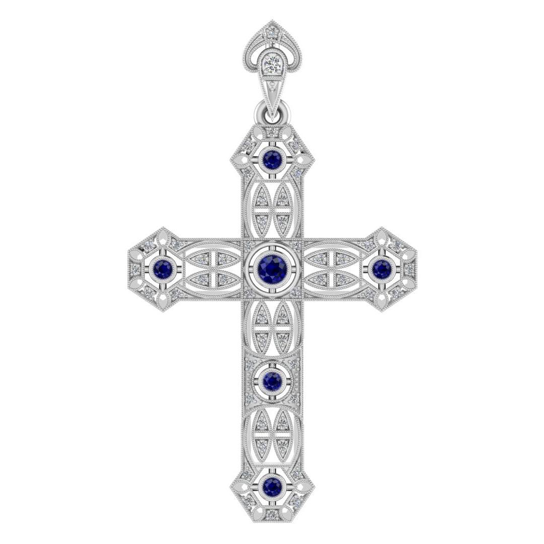 Cross Pendant with diamonds and yellow gold Blue Sapphire Bezels