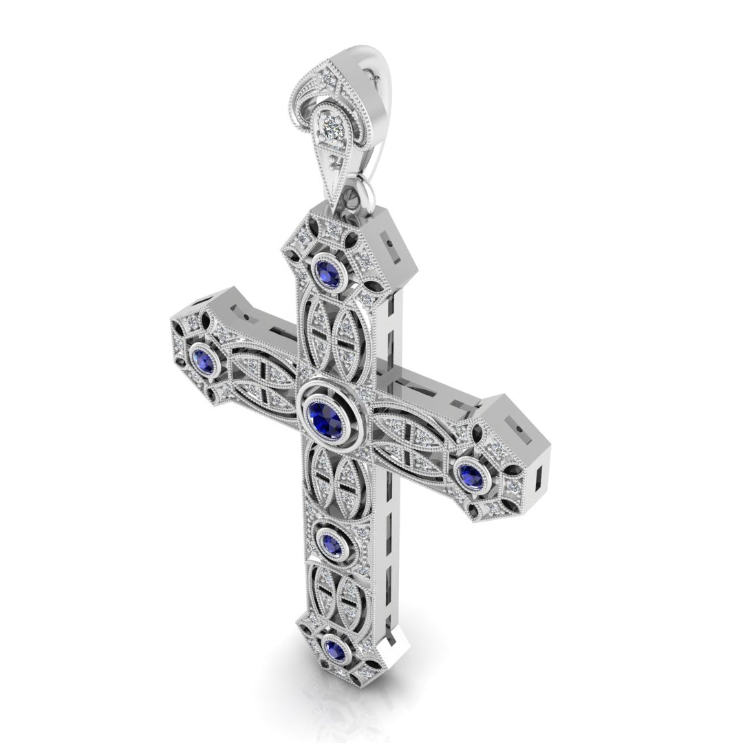 Cross Pendant with diamonds and yellow gold Blue Sapphire Bezels